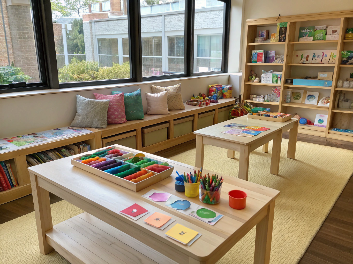 A bright art studio with wooden easels and jars of paint