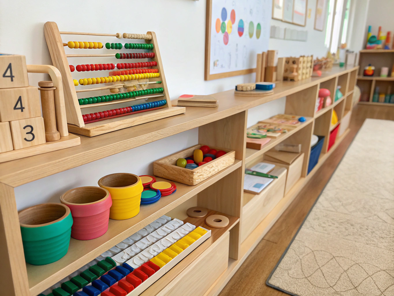 Illustrated discovery materials on a low wooden shelf for kids
