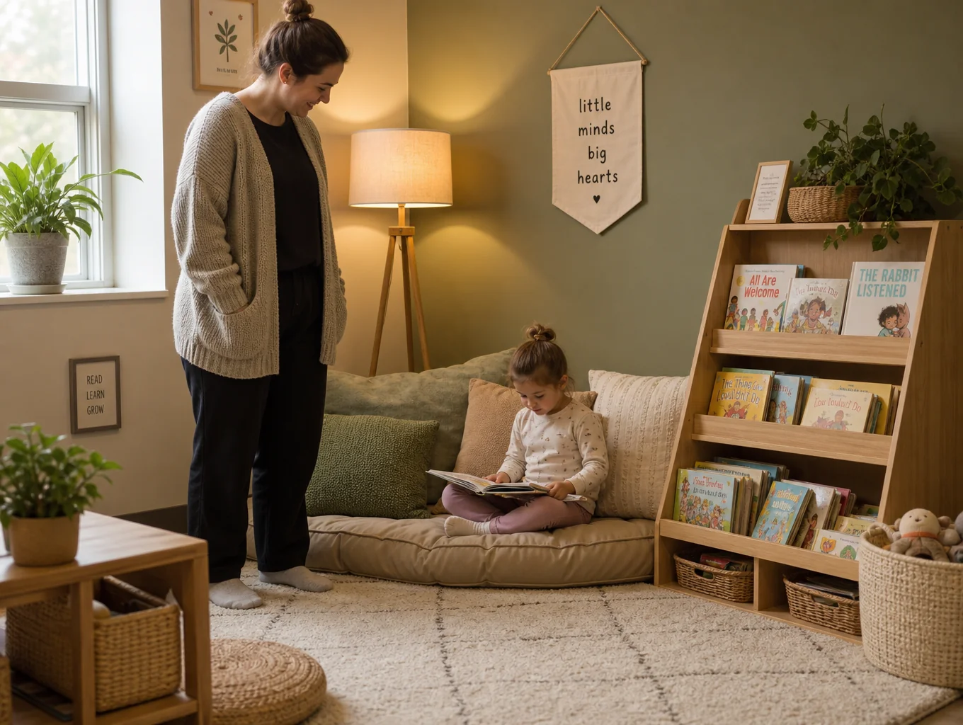 A cozy language corner with a reading rug and small bookshelf