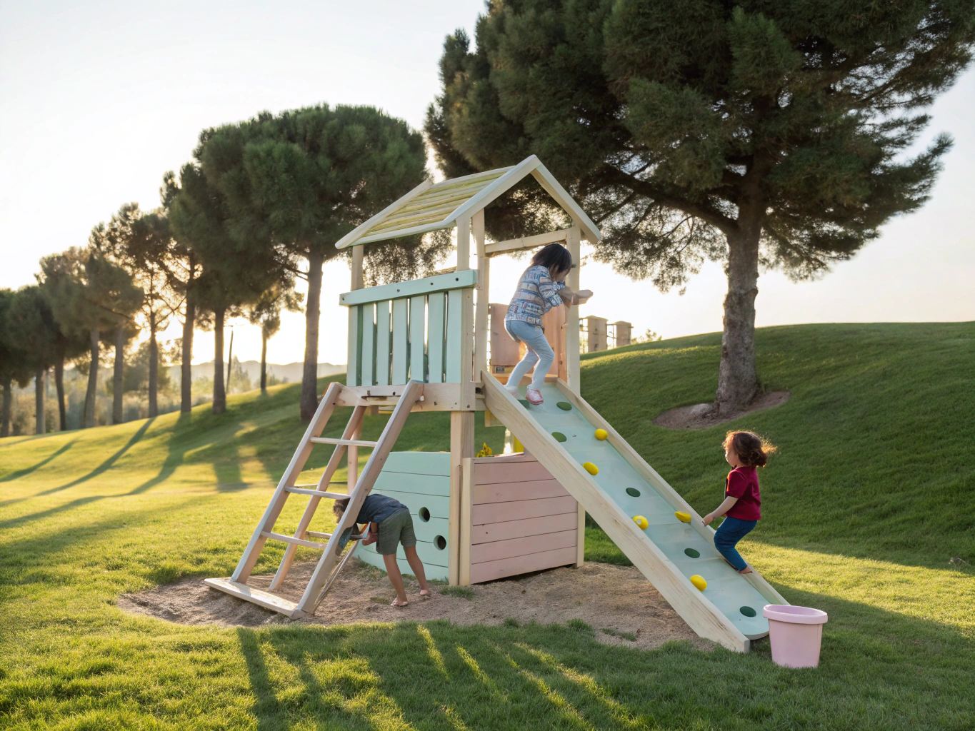 A painterly outdoor garden classroom with wooden play structures