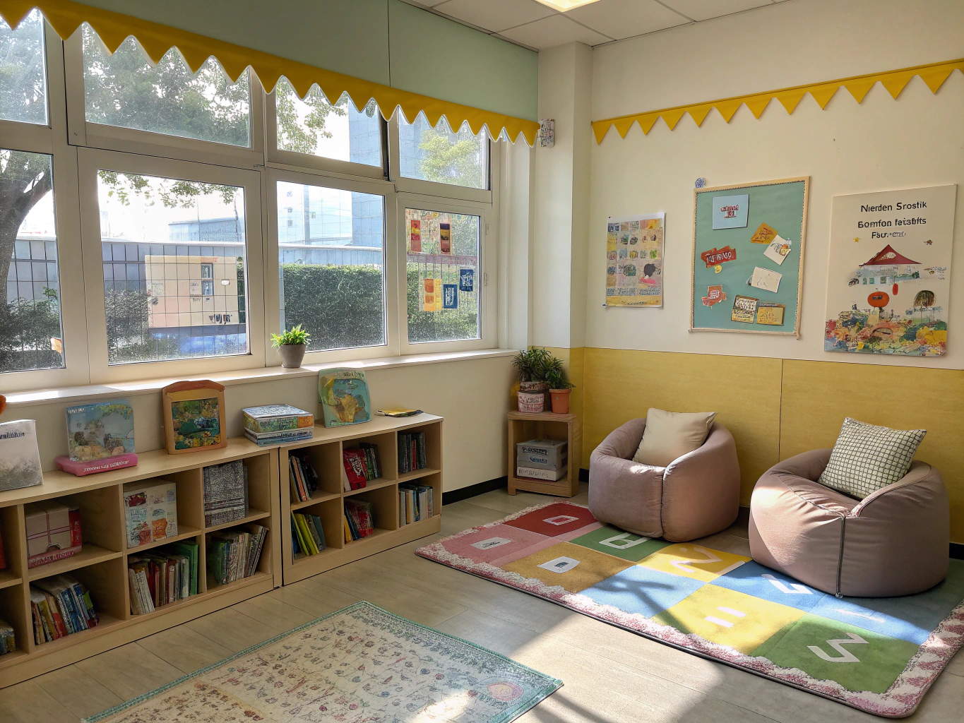 A sunlit classroom corner with soft cushions and books for children