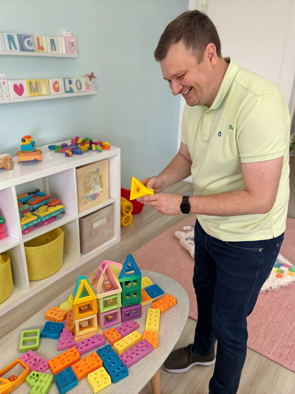 Portrait of Mr. David, play specialist, holding a colorful building block