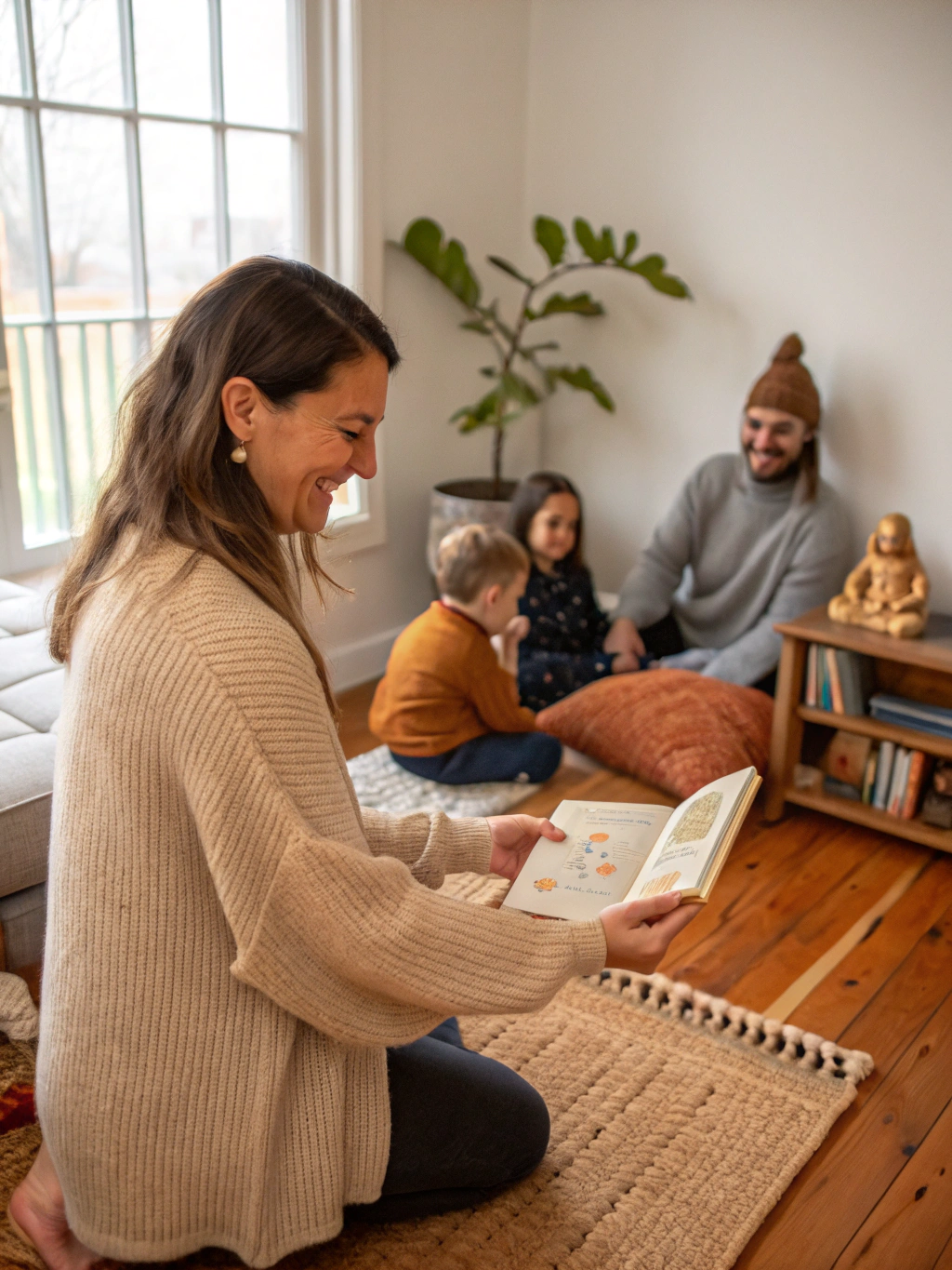 Portrait of Ms. Maya, language mentor, with a storybook